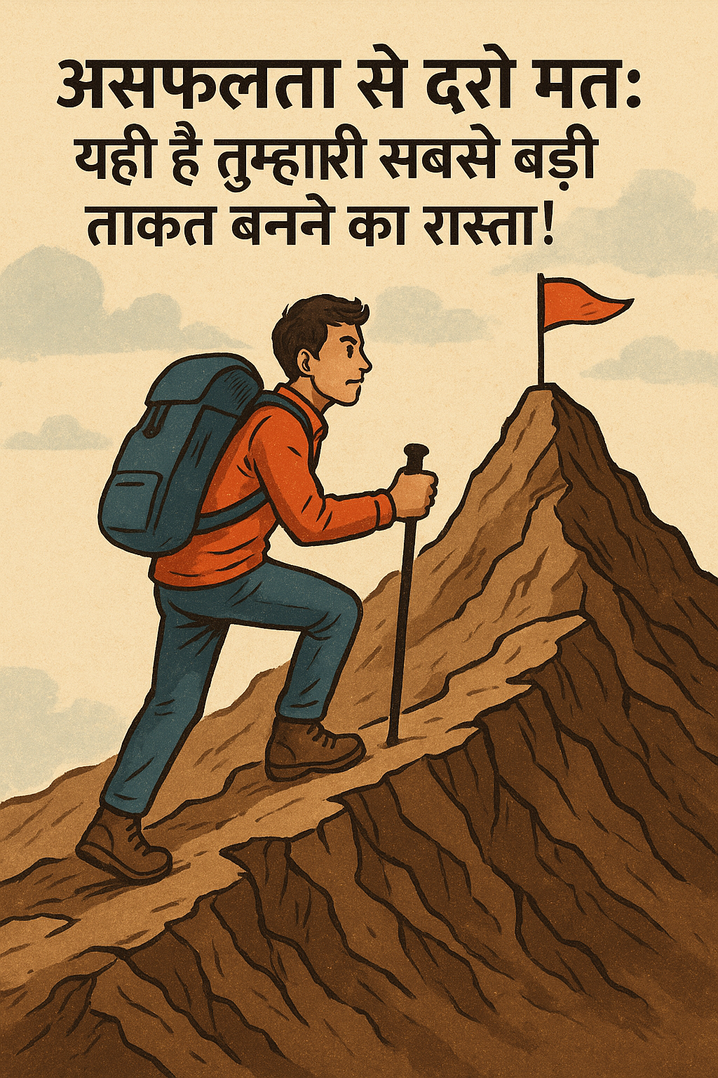 एक पर्वत पर चढ़ते हुए युवक की चित्रात्मक छवि, जिसके ऊपर हिंदी में प्रेरणादायक संदेश लिखा है: "असफलता से डरो मत: यही है तुम्हारी सबसे बड़ी ताकत बनने का रास्ता!"