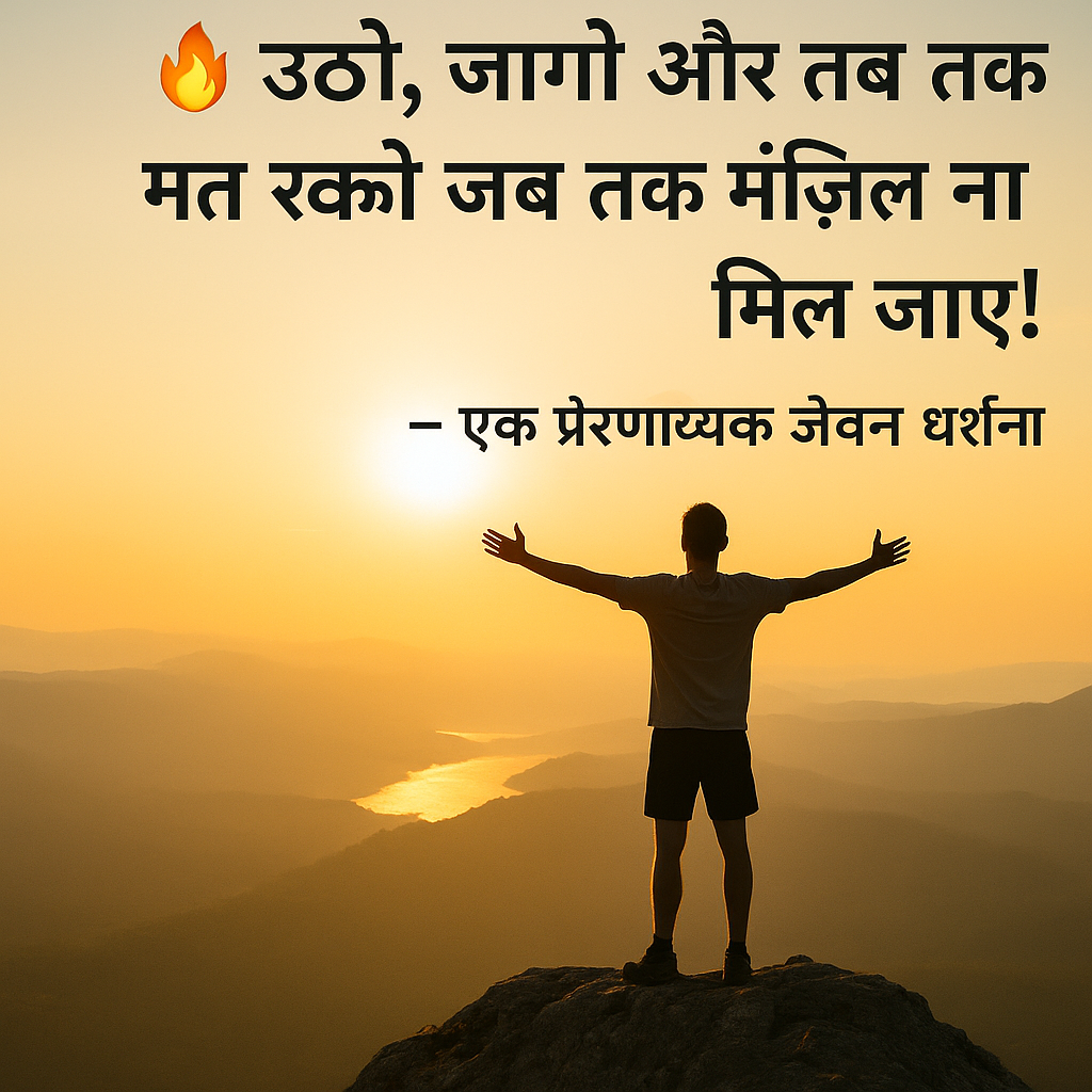 एक युवा व्यक्ति पर्वत की चोटी पर खड़ा है, सूर्योदय की रोशनी में हाथ फैलाकर सफलता और प्रेरणा का प्रतीक बनता हुआ – साथ में लिखा है “उठो, जागो और तब तक मत रुको जब तक मंज़िल ना मिल जाए।”