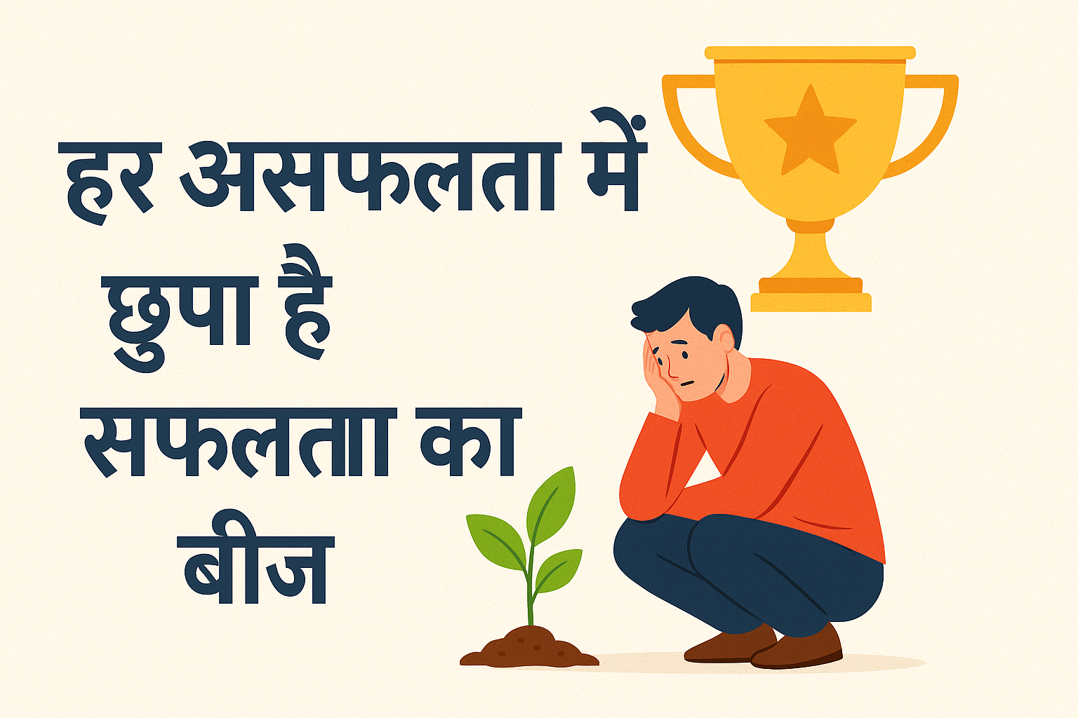 एक चिंतित युवक पौधे को देख रहा है और उसके ऊपर एक ट्रॉफी है, साथ में लिखा है 'हर असफलता में छुपा है सफलता का बीज'।