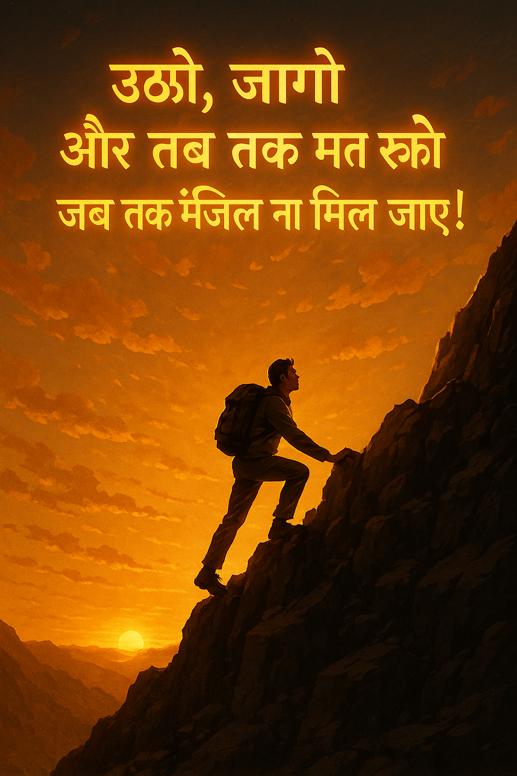 "एक पर्वत की चोटी की ओर चढ़ता प्रेरित व्यक्ति, बैकग्राउंड में उगता हुआ सूरज और स्वामी विवेकानंद का उद्धरण – उठो, जागो और तब तक मत रुको जब तक मंज़िल ना मिल जाए।"