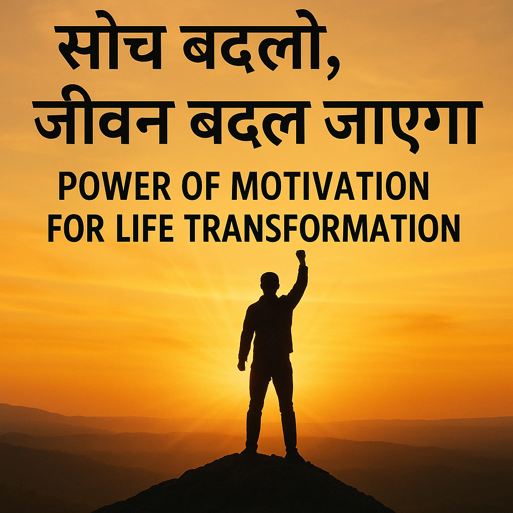 Silhouette of a man raising his fist on a mountain peak at sunset with Hindi and English motivational text.
