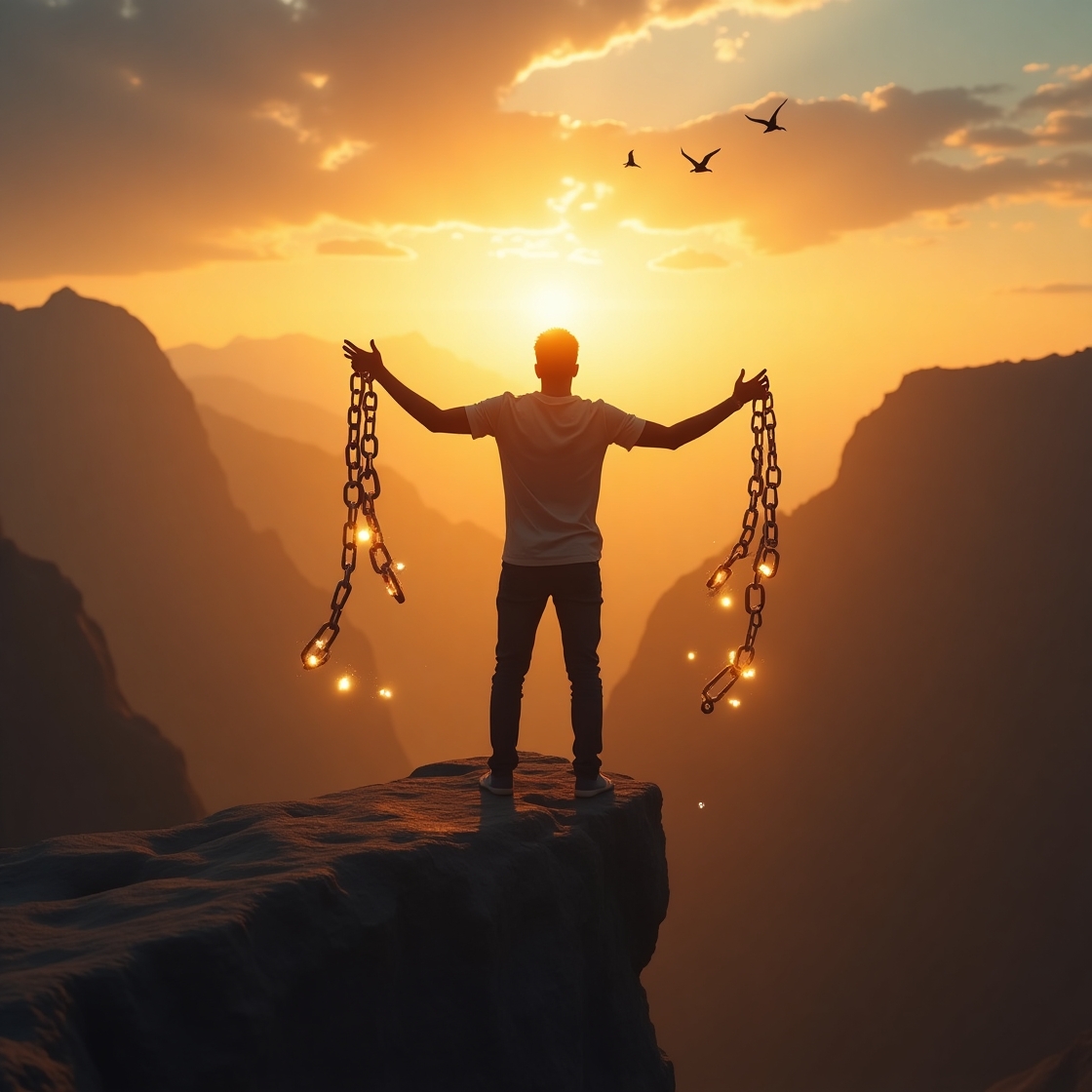 An Indian man breaking free from chains on top of a mountain at sunrise, symbolizing inner power and freedom from fear